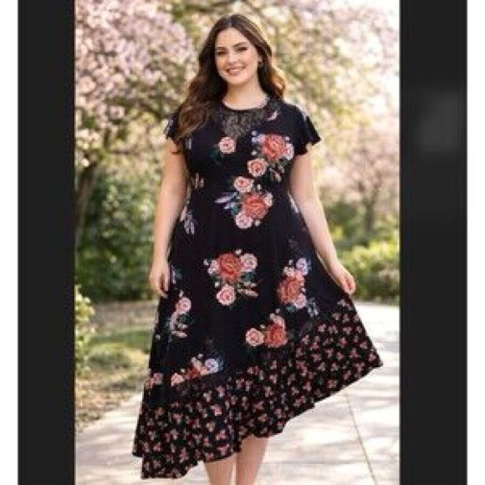 Torrid Black Asymmetrical Dress with Floral Design
